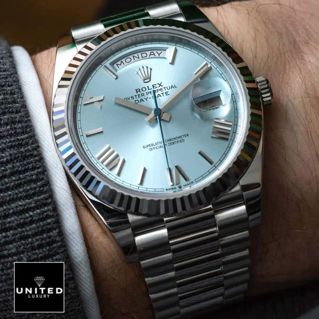Rolex Day Date 228236 Ice Blue Grooved Replica on is arm