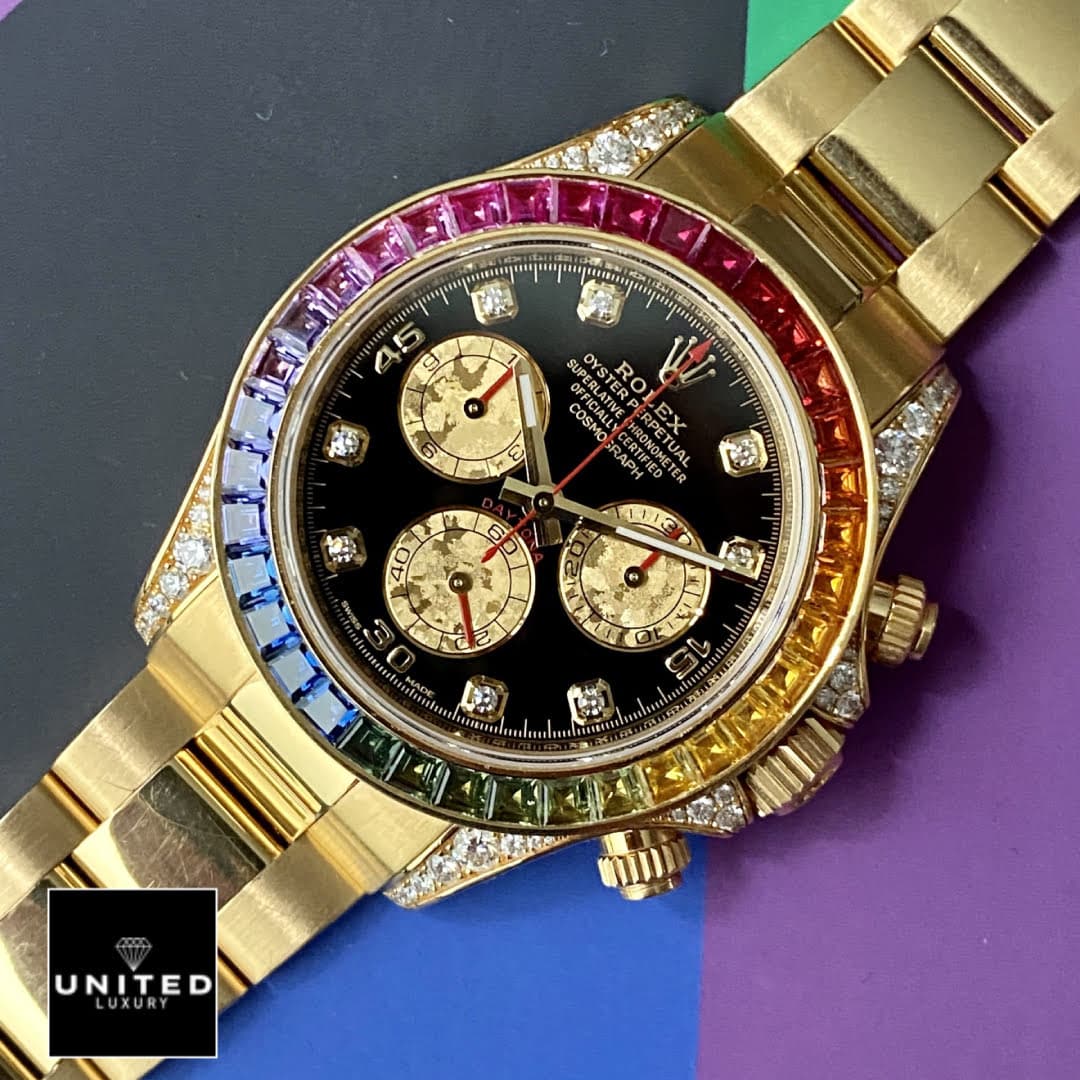 Rolex Cosmograph Daytona Rainbow Black Dial 116598RBOW Replica on the Table