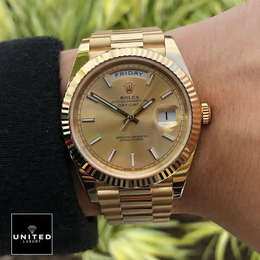 Rolex Day-Date 40 228238-0003 Champagne Dial Stick Indices Replica on his arm