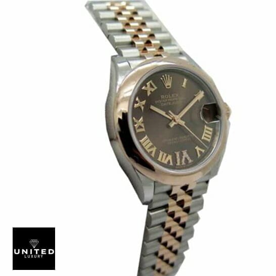 Rolex datejust everose roman replica side view and stainless steel bracelet