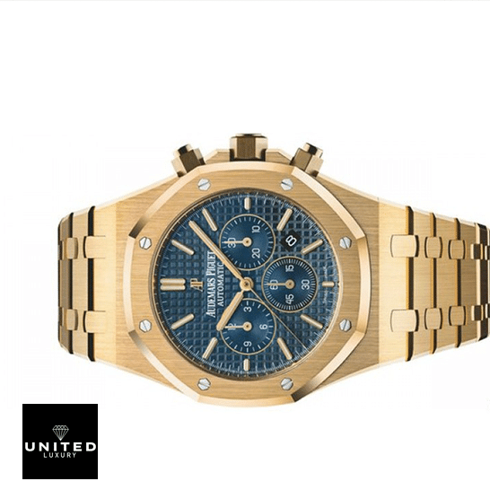 Audemars Piguet Blue Dial Yellow Gold Replica side view white background