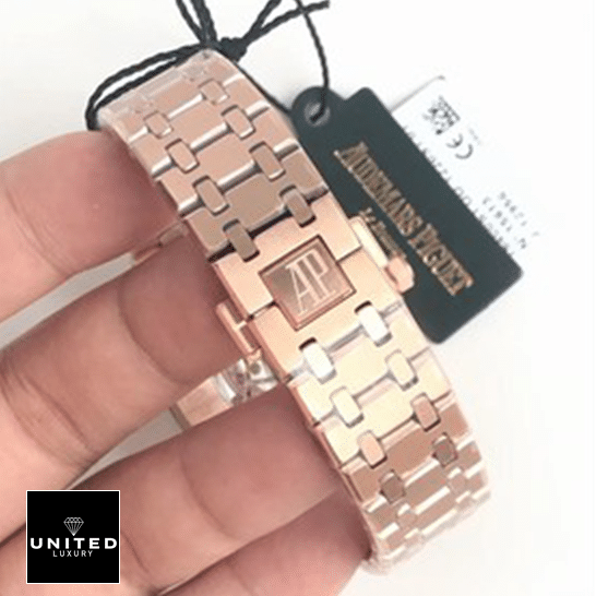 Audemars Piguet Rose Gold Stainless Steel Bracelet Replica next to label card