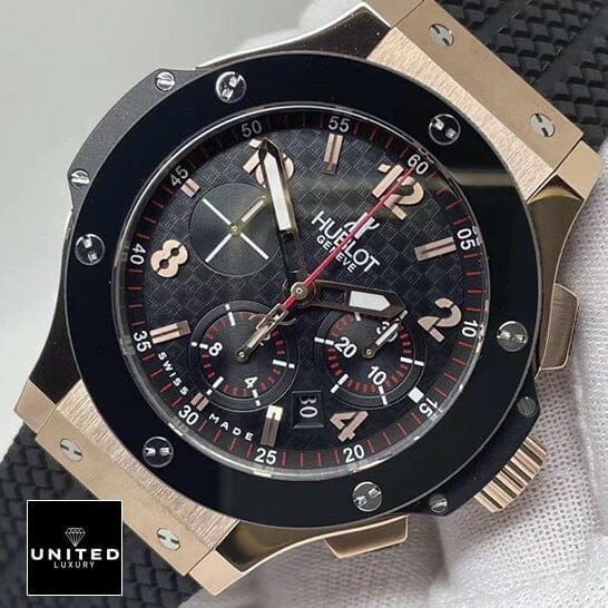 Hublot Big Bang Black Dial Gold Case Replica red second hand white background