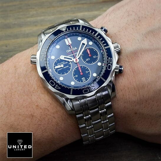 Omega Seamaster 300m Blue Dial Chronograph Steel Replica on the wrist