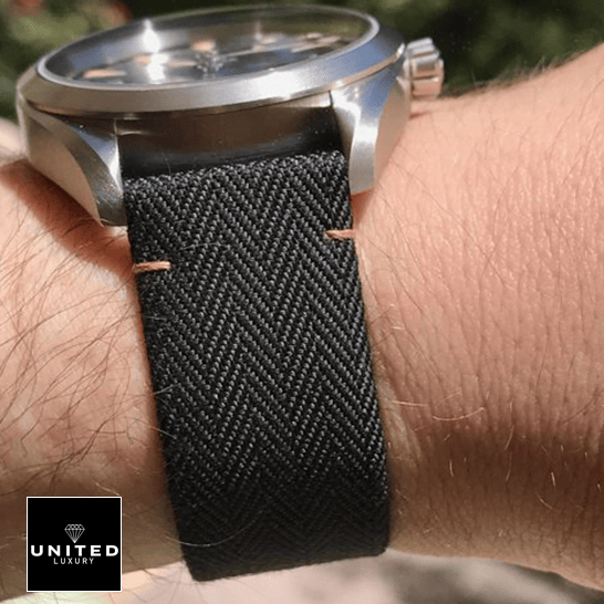 Omega Black Buckle Bracelet Steel Case Replica on the wrist