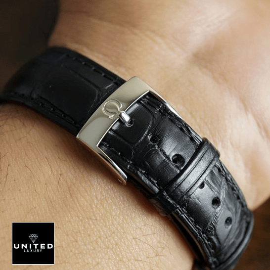 Omega Leather Black Bracelet Steel Clasp Replica upside view on the wrist