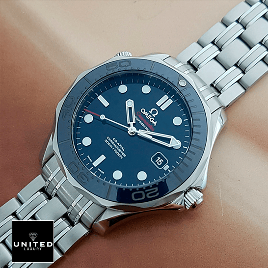 Omega Blue Dial Seamaster Co Axial 300m Steel Replica cream background