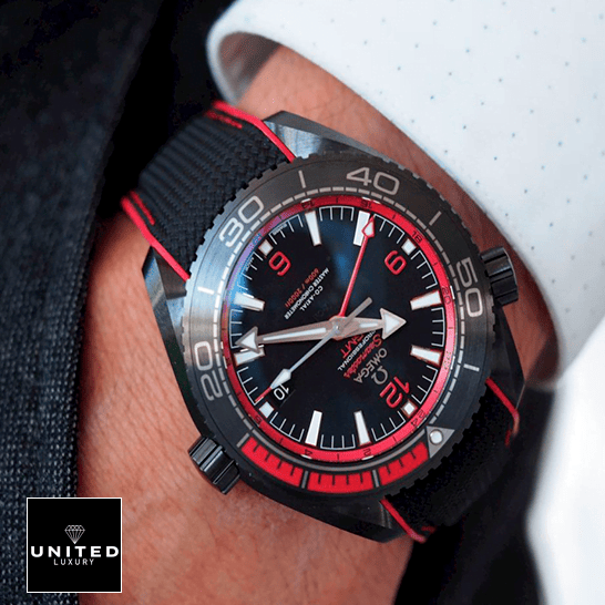 Omega Seamaster GMT Black Dial Red Bezel Replica on the wrist