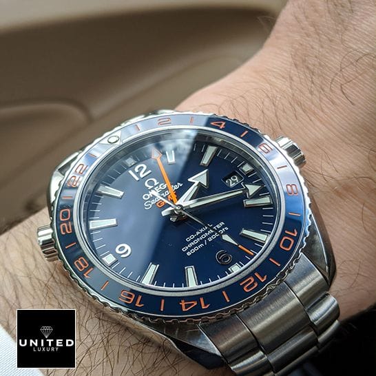 Omega Seamaster GMT Blue Dial Steel Replica on the wrist