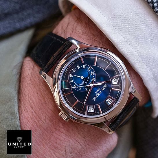 Patek Philippe Complications Blue Dial Steel Case Replica on the man wrist