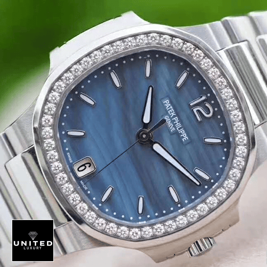 Patek Philippe Blue Dial Stainless Steel Diamond Bezel Replica front view