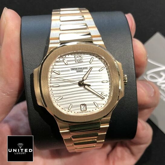 Patek Philippe Rose Gold White Dial Replica on the stand