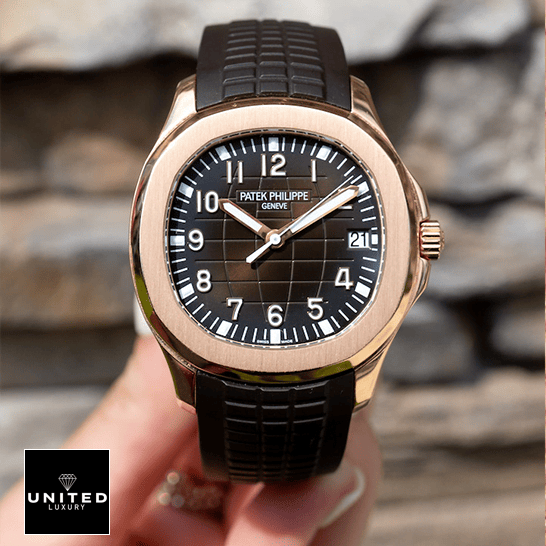 Patek Philippe Aquanaut Rose Gold Brown Dial Gold Case Replica on the hand