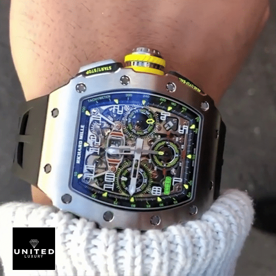 Richard Mille RM 01103 Grey Bezel Black Bracelet Replica on the wrist