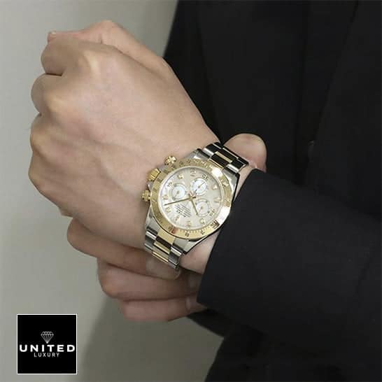 Rolex Daytona Two Tone White Dial 116523 Oyster Replica on his arm