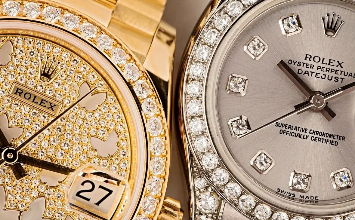 rolex datejust iced out steel and gold butterfly iced out