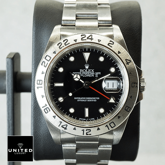 Rolex Explorer II 16570-0004 Replica black dial his stick and dot indices, and the hour markers