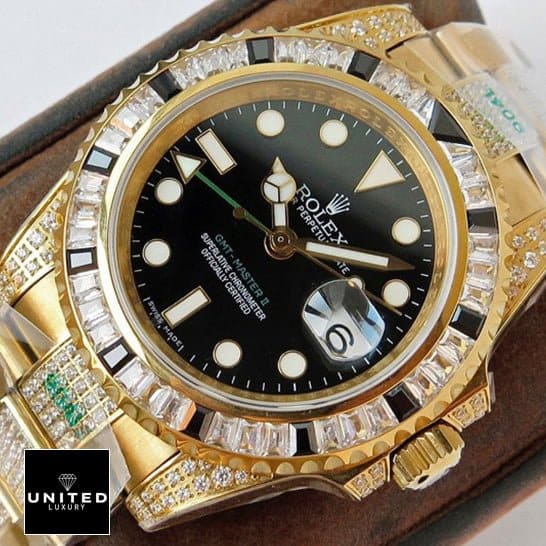 Rolex GMT-Master II 116748SANR Yellow Gold Black Dial Iced Out Replica