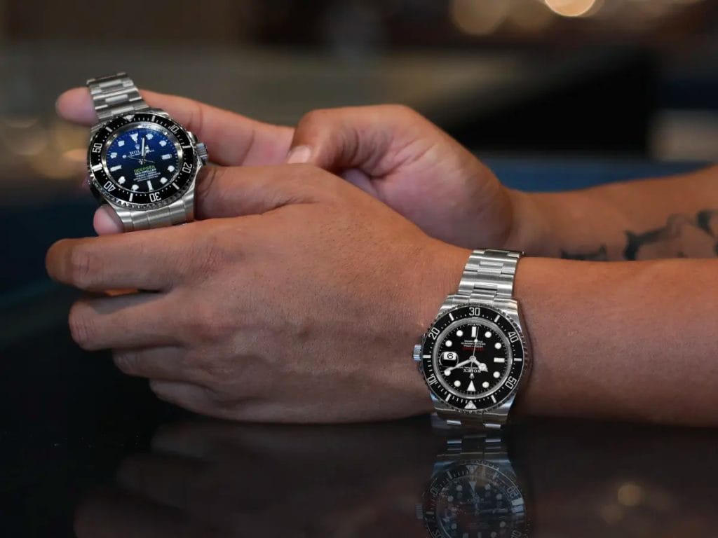 rolex submariner replica watch on wrist