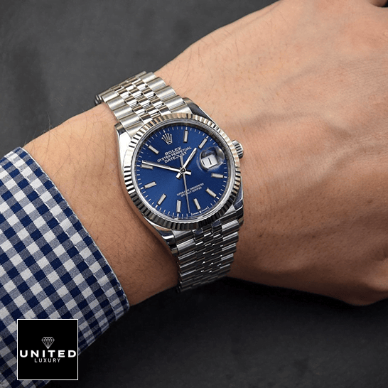 Rolex Datejust Stainless Steel Jubilee Blue Dial Replica on the man wrist
