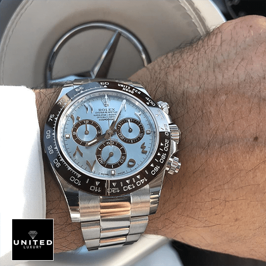 Rolex Daytona Platinum Ice-Blue/Hindu-Arabic Dial 116506-0001 Replica on his arm
