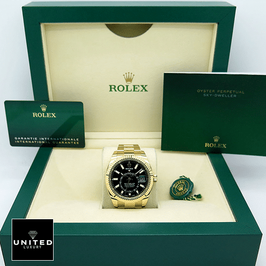 Rolex Sky-Dweller Black Dial Yellow Gold 326938-0004 Oyster Replica in the Green Rolex Box