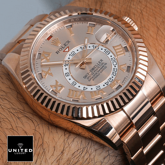 Rolex Sky Dweller Everose Gold Stainless Steel 326935 On his wrist Replica