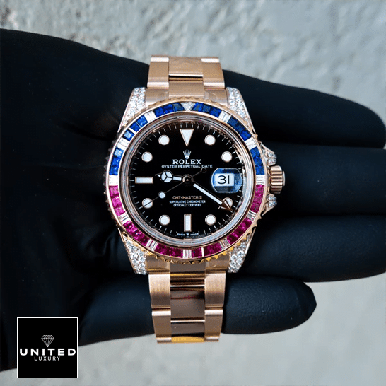 Rolex GMT-Master II 126755SARU Replica rose gold color and a gem bezel in red and blue