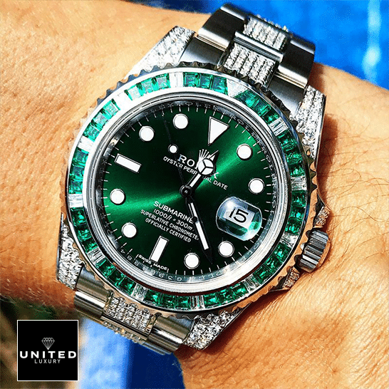 Rolex Submariner Hulk 116610LV Diamond Green Dial Iced Out Replica on his arm