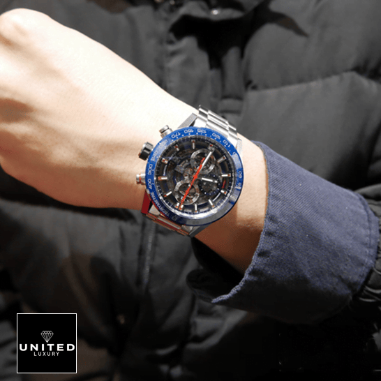 Tag Heuer Carrera Blue Bezel Black Dial Red Second Hand Replica on the wrist